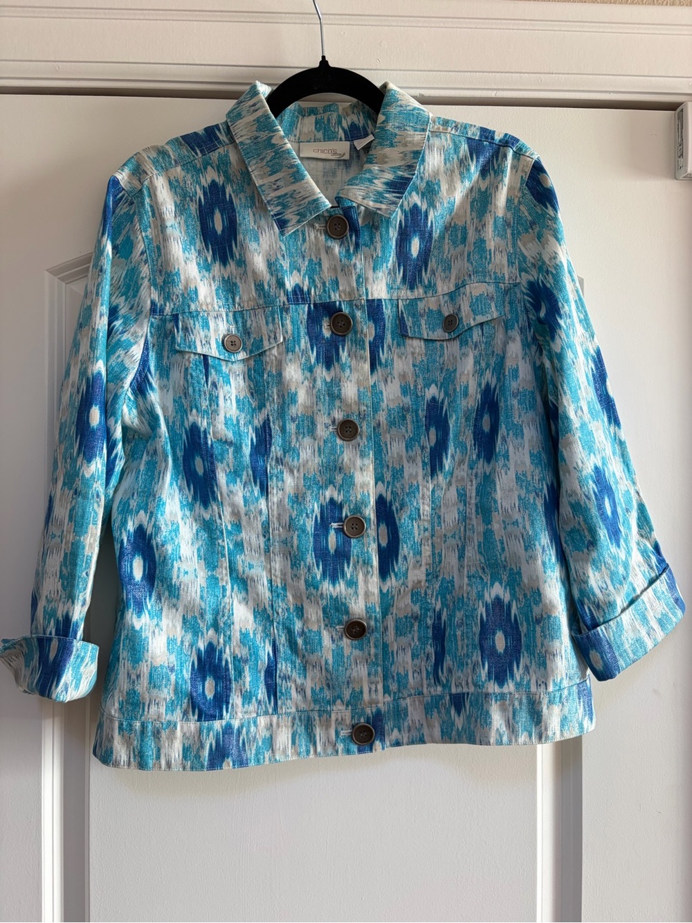 Chicos Linen Blend Jean Jacket Sz 2 or US 12 Ikat Print Vibrant Hannalee Buttons
